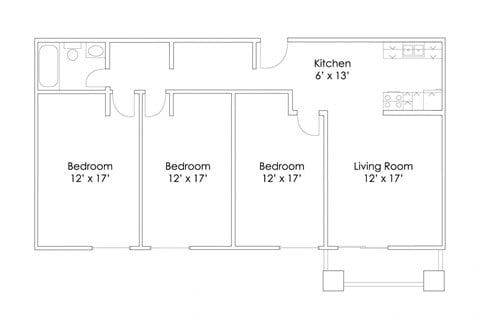 Floor plan for 3 beds, 1 bath, 1012 sqft